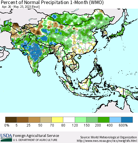 Asia Percent of Normal Precipitation 1-Month (WMO) Thematic Map For 4/26/2023 - 5/25/2023