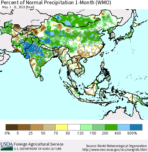 Asia Percent of Normal Precipitation 1-Month (WMO) Thematic Map For 5/1/2023 - 5/31/2023