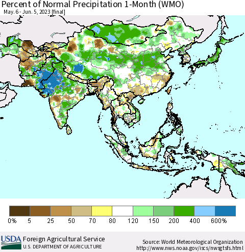Asia Percent of Normal Precipitation 1-Month (WMO) Thematic Map For 5/6/2023 - 6/5/2023