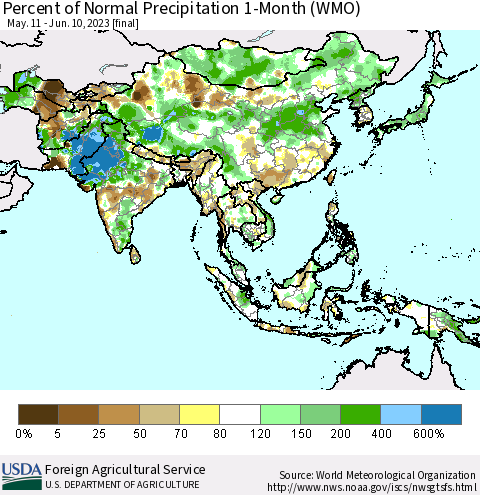 Asia Percent of Normal Precipitation 1-Month (WMO) Thematic Map For 5/11/2023 - 6/10/2023