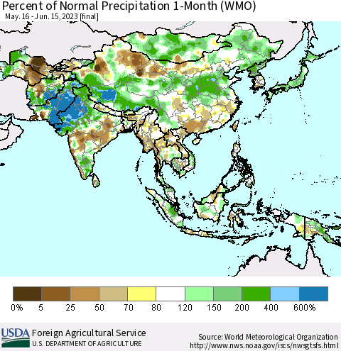 Asia Percent of Normal Precipitation 1-Month (WMO) Thematic Map For 5/16/2023 - 6/15/2023