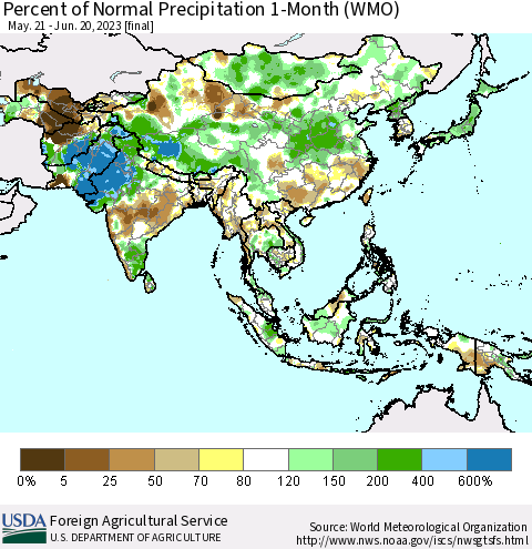 Asia Percent of Normal Precipitation 1-Month (WMO) Thematic Map For 5/21/2023 - 6/20/2023