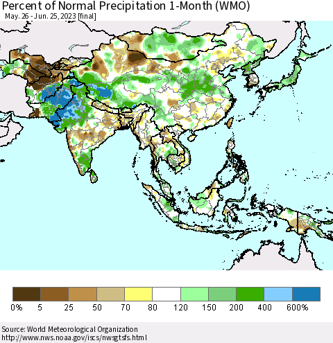 Asia Percent of Normal Precipitation 1-Month (WMO) Thematic Map For 5/26/2023 - 6/25/2023