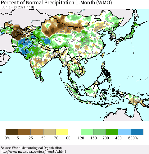 Asia Percent of Normal Precipitation 1-Month (WMO) Thematic Map For 6/1/2023 - 6/30/2023