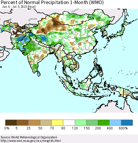Asia Percent of Normal Precipitation 1-Month (WMO) Thematic Map For 6/6/2023 - 7/5/2023