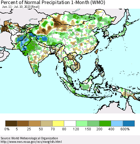 Asia Percent of Normal Precipitation 1-Month (WMO) Thematic Map For 6/11/2023 - 7/10/2023