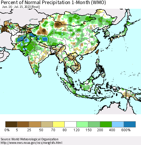 Asia Percent of Normal Precipitation 1-Month (WMO) Thematic Map For 6/16/2023 - 7/15/2023