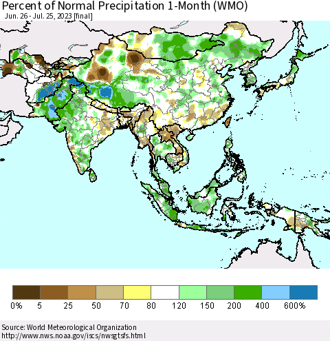 Asia Percent of Normal Precipitation 1-Month (WMO) Thematic Map For 6/26/2023 - 7/25/2023