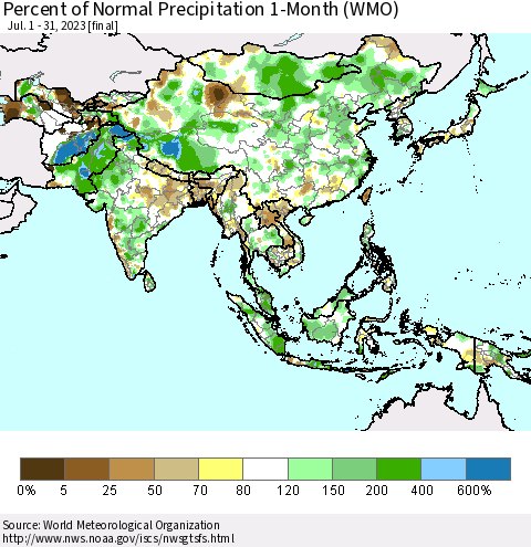 Asia Percent of Normal Precipitation 1-Month (WMO) Thematic Map For 7/1/2023 - 7/31/2023