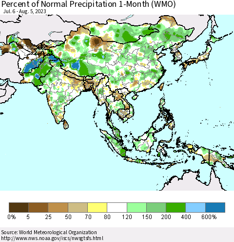 Asia Percent of Normal Precipitation 1-Month (WMO) Thematic Map For 7/6/2023 - 8/5/2023