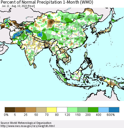 Asia Percent of Normal Precipitation 1-Month (WMO) Thematic Map For 7/11/2023 - 8/10/2023