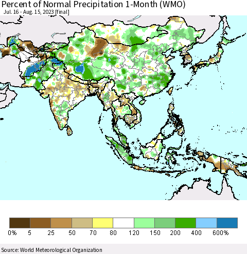 Asia Percent of Normal Precipitation 1-Month (WMO) Thematic Map For 7/16/2023 - 8/15/2023