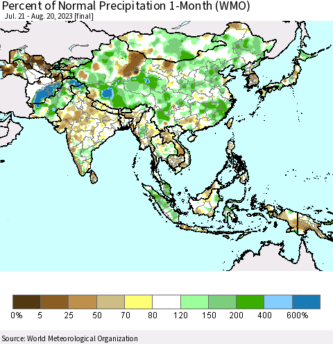 Asia Percent of Normal Precipitation 1-Month (WMO) Thematic Map For 7/21/2023 - 8/20/2023