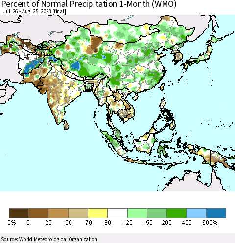 Asia Percent of Normal Precipitation 1-Month (WMO) Thematic Map For 7/26/2023 - 8/25/2023