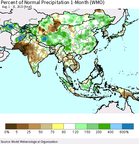 Asia Percent of Normal Precipitation 1-Month (WMO) Thematic Map For 8/1/2023 - 8/31/2023