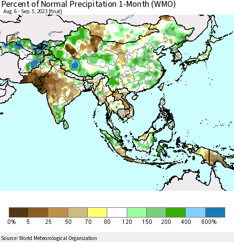 Asia Percent of Normal Precipitation 1-Month (WMO) Thematic Map For 8/6/2023 - 9/5/2023