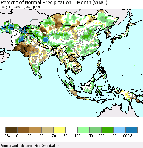 Asia Percent of Normal Precipitation 1-Month (WMO) Thematic Map For 8/11/2023 - 9/10/2023
