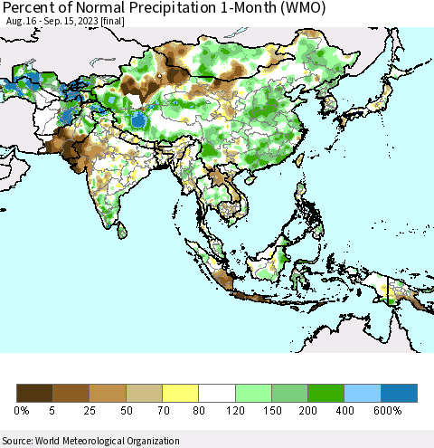 Asia Percent of Normal Precipitation 1-Month (WMO) Thematic Map For 8/16/2023 - 9/15/2023