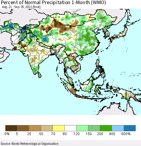 Asia Percent of Normal Precipitation 1-Month (WMO) Thematic Map For 8/21/2023 - 9/20/2023