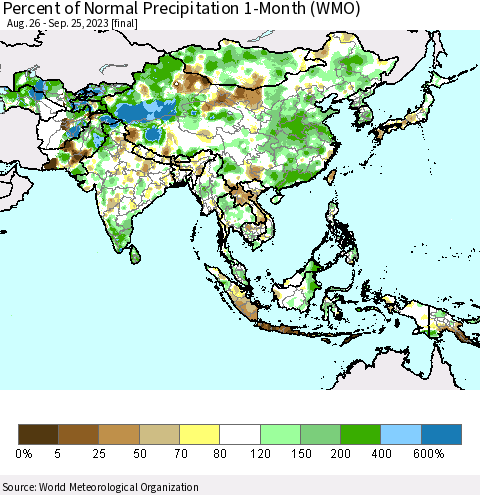 Asia Percent of Normal Precipitation 1-Month (WMO) Thematic Map For 8/26/2023 - 9/25/2023