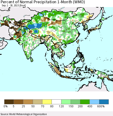 Asia Percent of Normal Precipitation 1-Month (WMO) Thematic Map For 9/1/2023 - 9/30/2023