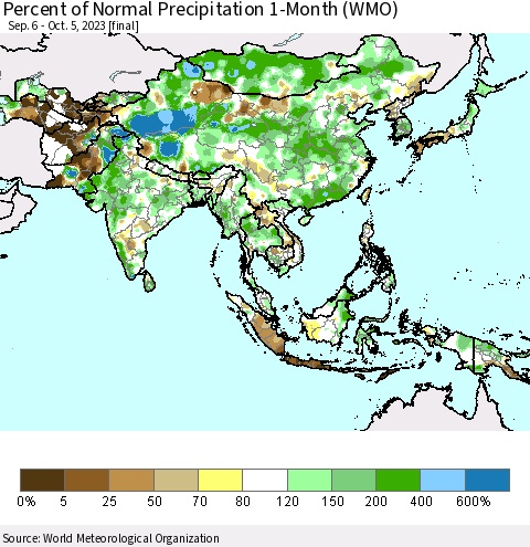 Asia Percent of Normal Precipitation 1-Month (WMO) Thematic Map For 9/6/2023 - 10/5/2023