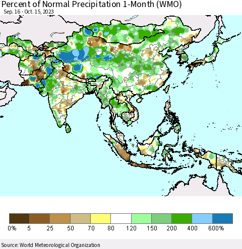 Asia Percent of Normal Precipitation 1-Month (WMO) Thematic Map For 9/16/2023 - 10/15/2023