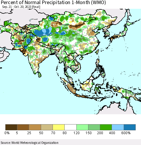 Asia Percent of Normal Precipitation 1-Month (WMO) Thematic Map For 9/21/2023 - 10/20/2023