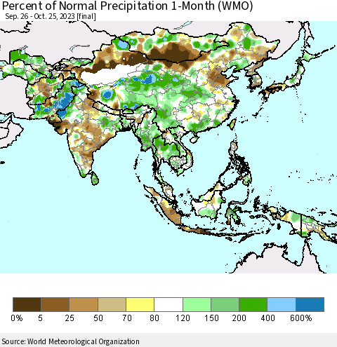 Asia Percent of Normal Precipitation 1-Month (WMO) Thematic Map For 9/26/2023 - 10/25/2023
