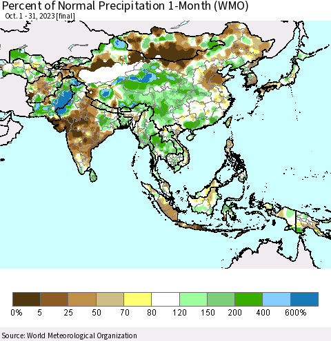 Asia Percent of Normal Precipitation 1-Month (WMO) Thematic Map For 10/1/2023 - 10/31/2023