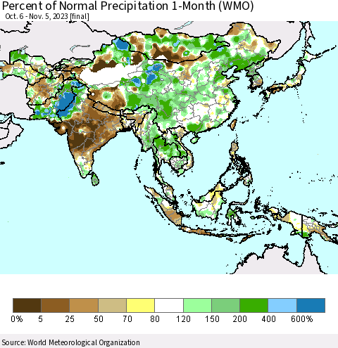 Asia Percent of Normal Precipitation 1-Month (WMO) Thematic Map For 10/6/2023 - 11/5/2023