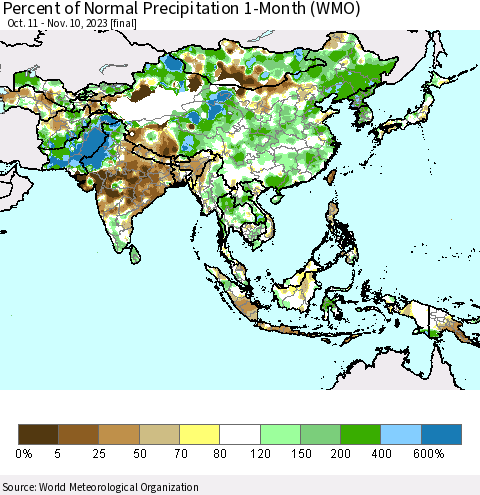 Asia Percent of Normal Precipitation 1-Month (WMO) Thematic Map For 10/11/2023 - 11/10/2023