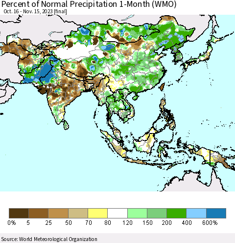 Asia Percent of Normal Precipitation 1-Month (WMO) Thematic Map For 10/16/2023 - 11/15/2023