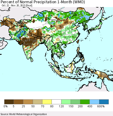 Asia Percent of Normal Precipitation 1-Month (WMO) Thematic Map For 10/21/2023 - 11/20/2023