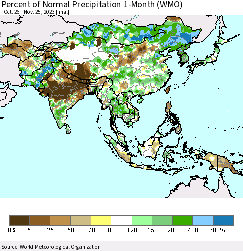 Asia Percent of Normal Precipitation 1-Month (WMO) Thematic Map For 10/26/2023 - 11/25/2023