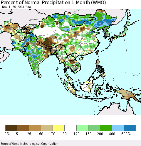 Asia Percent of Normal Precipitation 1-Month (WMO) Thematic Map For 11/1/2023 - 11/30/2023