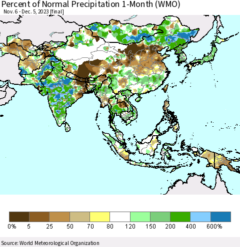 Asia Percent of Normal Precipitation 1-Month (WMO) Thematic Map For 11/6/2023 - 12/5/2023