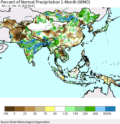 Asia Percent of Normal Precipitation 1-Month (WMO) Thematic Map For 11/11/2023 - 12/10/2023