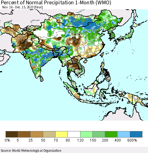 Asia Percent of Normal Precipitation 1-Month (WMO) Thematic Map For 11/16/2023 - 12/15/2023