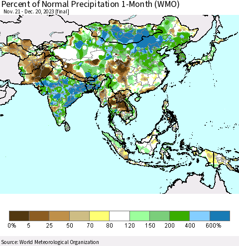 Asia Percent of Normal Precipitation 1-Month (WMO) Thematic Map For 11/21/2023 - 12/20/2023
