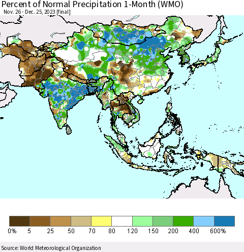Asia Percent of Normal Precipitation 1-Month (WMO) Thematic Map For 11/26/2023 - 12/25/2023