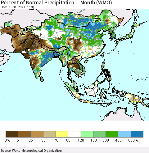 Asia Percent of Normal Precipitation 1-Month (WMO) Thematic Map For 12/1/2023 - 12/31/2023