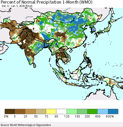 Asia Percent of Normal Precipitation 1-Month (WMO) Thematic Map For 12/6/2023 - 1/5/2024
