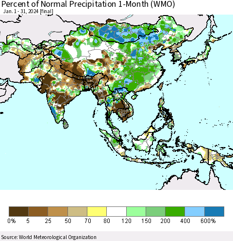 Asia Percent of Normal Precipitation 1-Month (WMO) Thematic Map For 1/1/2024 - 1/31/2024