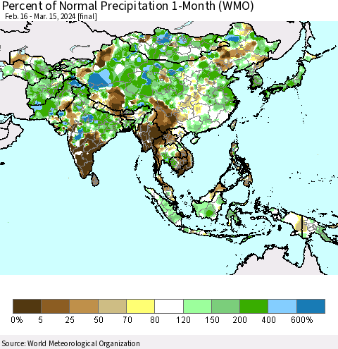 Asia Percent of Normal Precipitation 1-Month (WMO) Thematic Map For 2/16/2024 - 3/15/2024