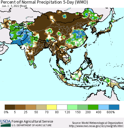Asia Percent of Normal Precipitation 5-Day (WMO) Thematic Map For 1/1/2022 - 1/5/2022