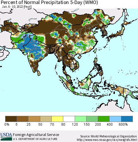 Asia Percent of Normal Precipitation 5-Day (WMO) Thematic Map For 1/6/2022 - 1/10/2022