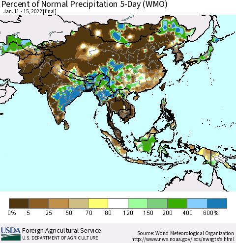 Asia Percent of Normal Precipitation 5-Day (WMO) Thematic Map For 1/11/2022 - 1/15/2022