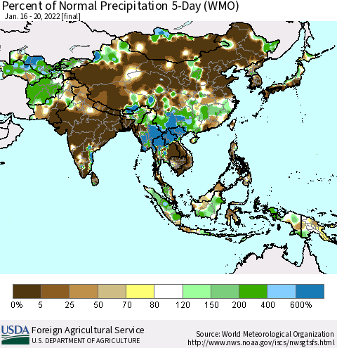 Asia Percent of Normal Precipitation 5-Day (WMO) Thematic Map For 1/16/2022 - 1/20/2022