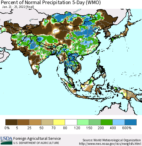 Asia Percent of Normal Precipitation 5-Day (WMO) Thematic Map For 1/21/2022 - 1/25/2022